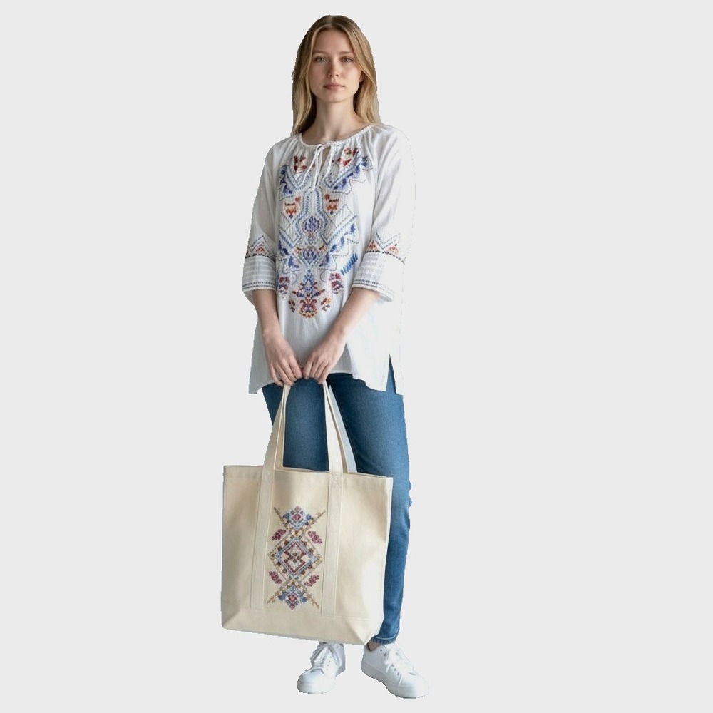 Johnny Was 3J Women's Boho Peasant Tunic Top M White Cotton Gauze Embroidered